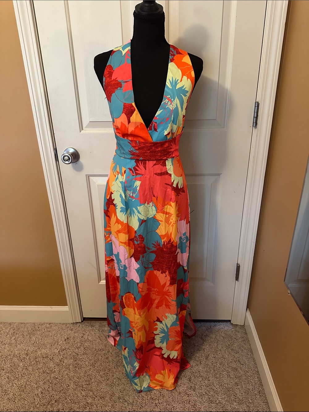 Tropical Floral Halter Maxi Dress in Multi-Color